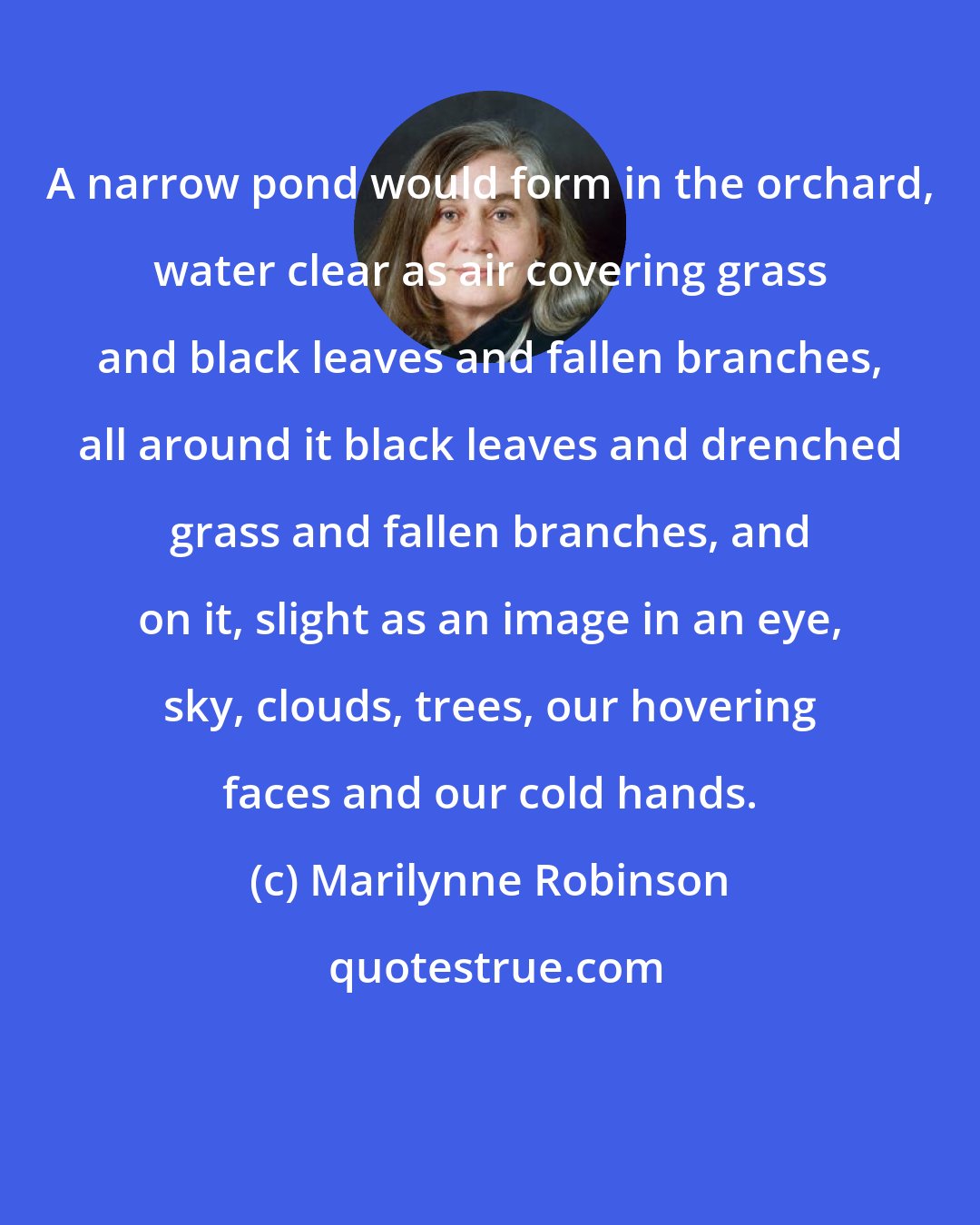 Marilynne Robinson: A narrow pond would form in the orchard, water clear as air covering grass and black leaves and fallen branches, all around it black leaves and drenched grass and fallen branches, and on it, slight as an image in an eye, sky, clouds, trees, our hovering faces and our cold hands.