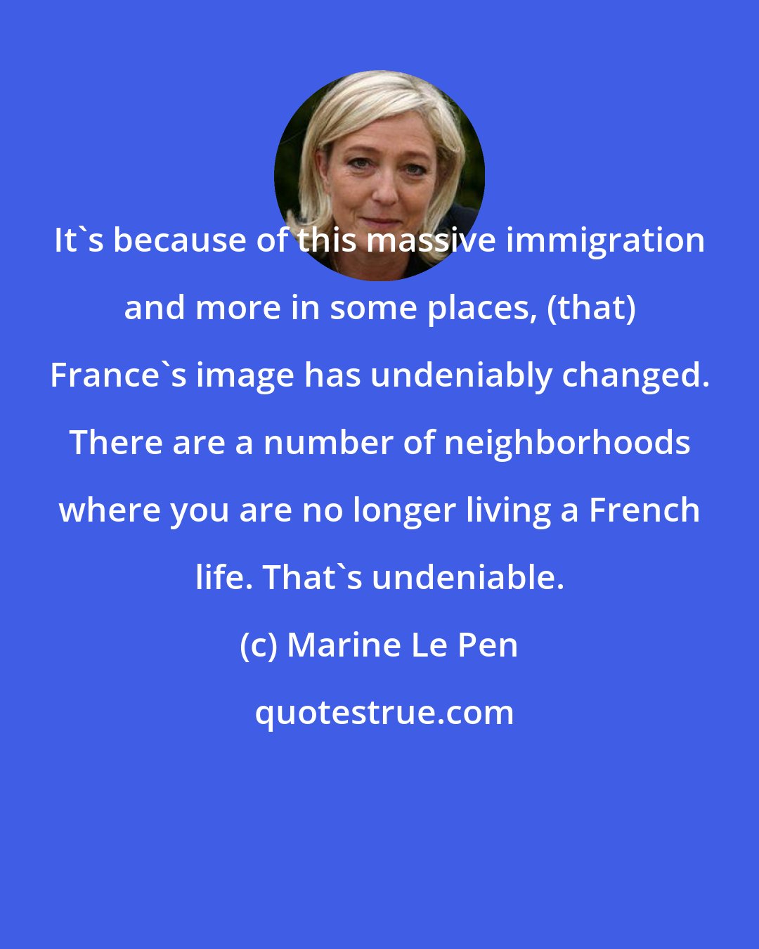 Marine Le Pen: It's because of this massive immigration and more in some places, (that) France's image has undeniably changed. There are a number of neighborhoods where you are no longer living a French life. That's undeniable.
