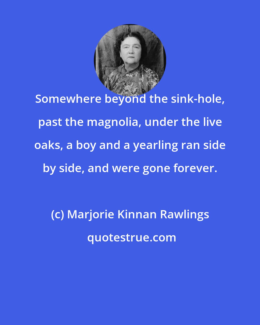 Marjorie Kinnan Rawlings: Somewhere beyond the sink-hole, past the magnolia, under the live oaks, a boy and a yearling ran side by side, and were gone forever.