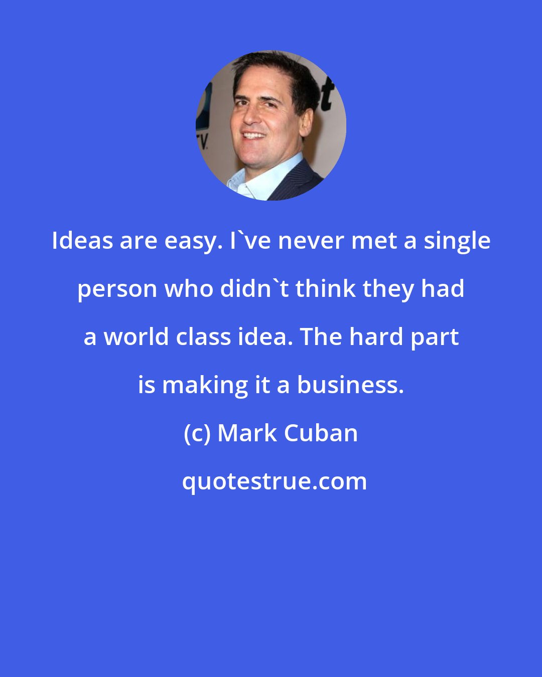 Mark Cuban: Ideas are easy. I've never met a single person who didn't think they had a world class idea. The hard part is making it a business.