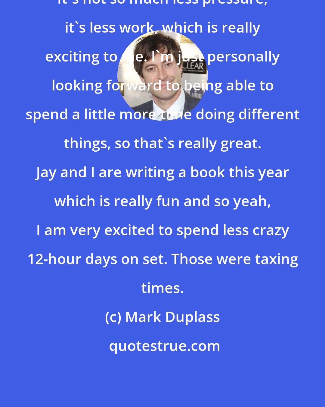 Mark Duplass: It's not so much less pressure, it's less work, which is really exciting to me. I'm just personally looking forward to being able to spend a little more time doing different things, so that's really great. Jay and I are writing a book this year which is really fun and so yeah, I am very excited to spend less crazy 12-hour days on set. Those were taxing times.