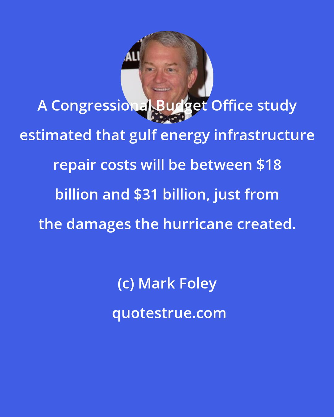 Mark Foley: A Congressional Budget Office study estimated that gulf energy infrastructure repair costs will be between $18 billion and $31 billion, just from the damages the hurricane created.