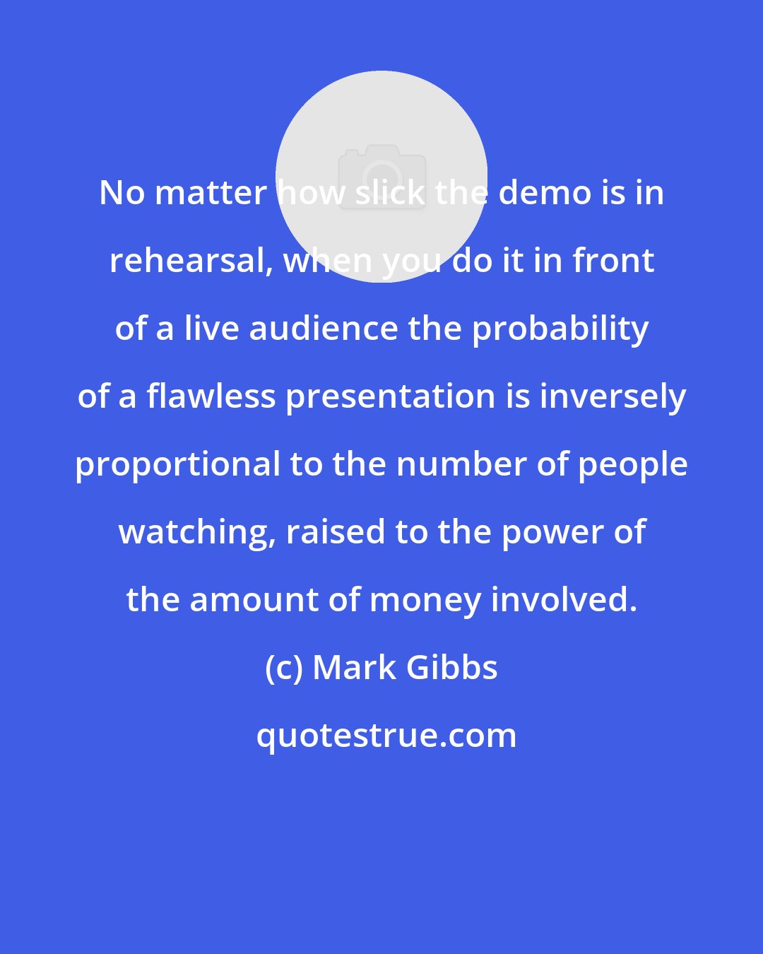 Mark Gibbs: No matter how slick the demo is in rehearsal, when you do it in front of a live audience the probability of a flawless presentation is inversely proportional to the number of people watching, raised to the power of the amount of money involved.