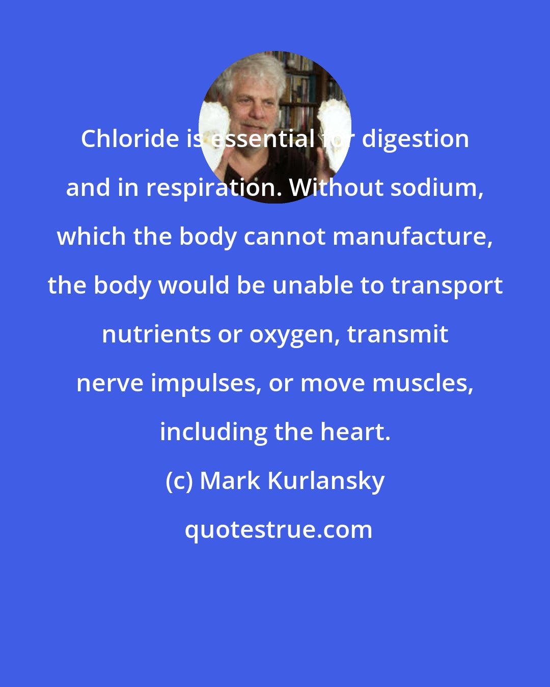 Mark Kurlansky: Chloride is essential for digestion and in respiration. Without sodium, which the body cannot manufacture, the body would be unable to transport nutrients or oxygen, transmit nerve impulses, or move muscles, including the heart.