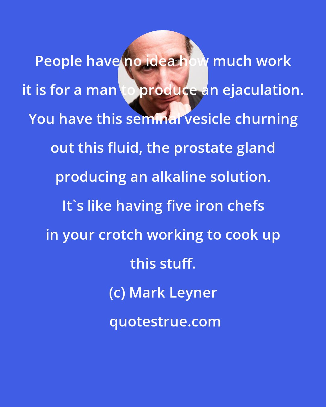 Mark Leyner: People have no idea how much work it is for a man to produce an ejaculation. You have this seminal vesicle churning out this fluid, the prostate gland producing an alkaline solution. It's like having five iron chefs in your crotch working to cook up this stuff.