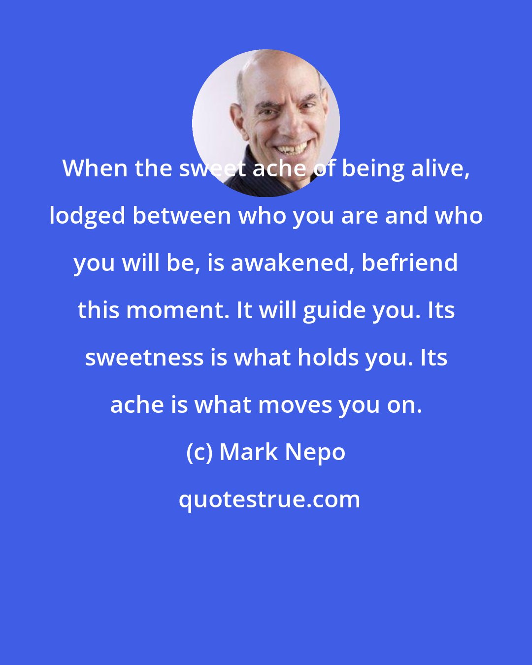 Mark Nepo: When the sweet ache of being alive, lodged between who you are and who you will be, is awakened, befriend this moment. It will guide you. Its sweetness is what holds you. Its ache is what moves you on.