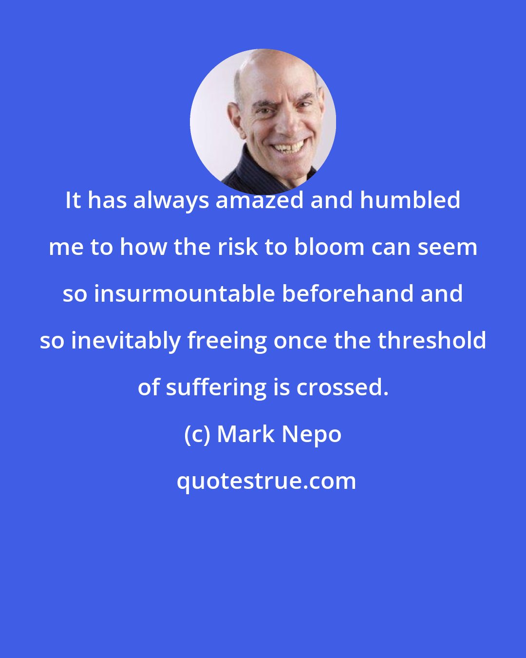 Mark Nepo: It has always amazed and humbled me to how the risk to bloom can seem so insurmountable beforehand and so inevitably freeing once the threshold of suffering is crossed.