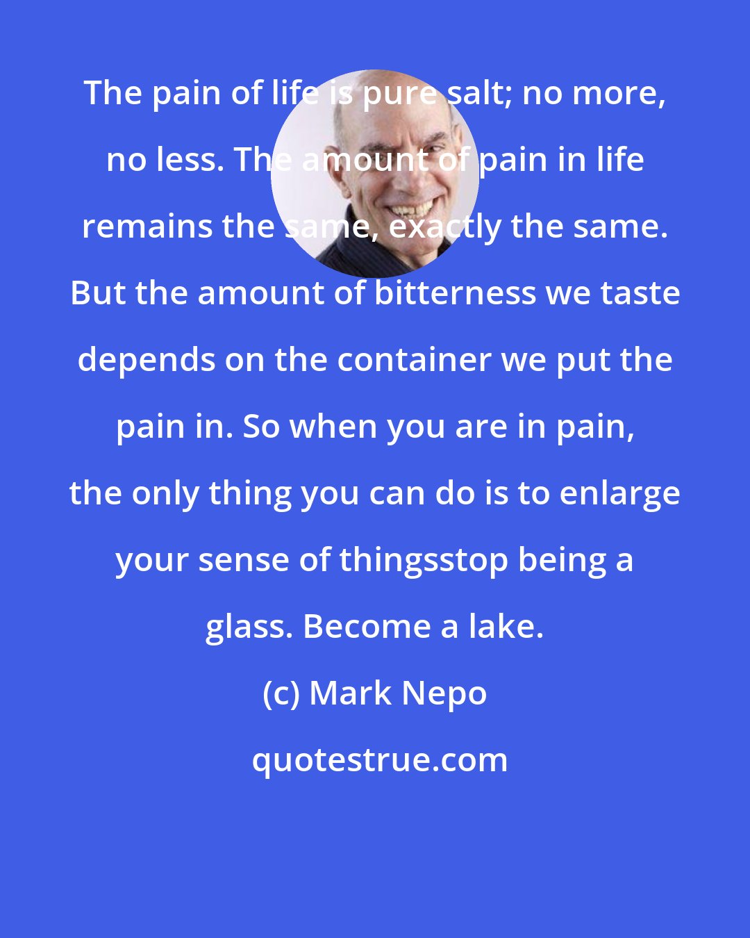 Mark Nepo: The pain of life is pure salt; no more, no less. The amount of pain in life remains the same, exactly the same. But the amount of bitterness we taste depends on the container we put the pain in. So when you are in pain, the only thing you can do is to enlarge your sense of thingsstop being a glass. Become a lake.