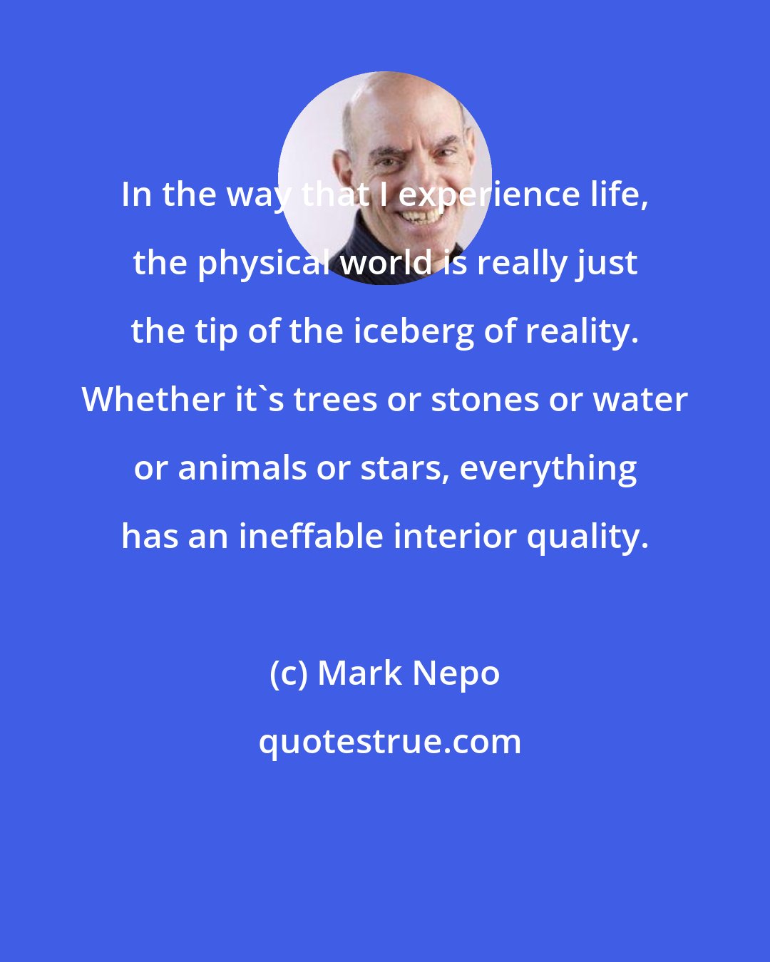 Mark Nepo: In the way that I experience life, the physical world is really just the tip of the iceberg of reality. Whether it's trees or stones or water or animals or stars, everything has an ineffable interior quality.