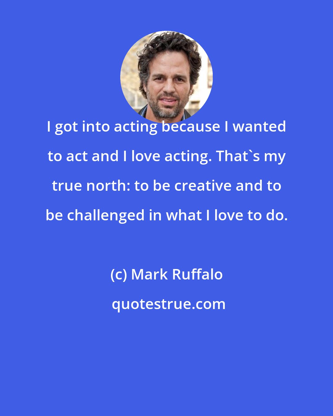 Mark Ruffalo: I got into acting because I wanted to act and I love acting. That's my true north: to be creative and to be challenged in what I love to do.