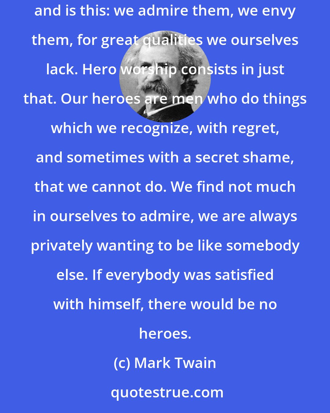 Mark Twain: Unconsciously we all have a standard by which we measure other men, and if we examine closely we find that this standard is a very simple one, and is this: we admire them, we envy them, for great qualities we ourselves lack. Hero worship consists in just that. Our heroes are men who do things which we recognize, with regret, and sometimes with a secret shame, that we cannot do. We find not much in ourselves to admire, we are always privately wanting to be like somebody else. If everybody was satisfied with himself, there would be no heroes.