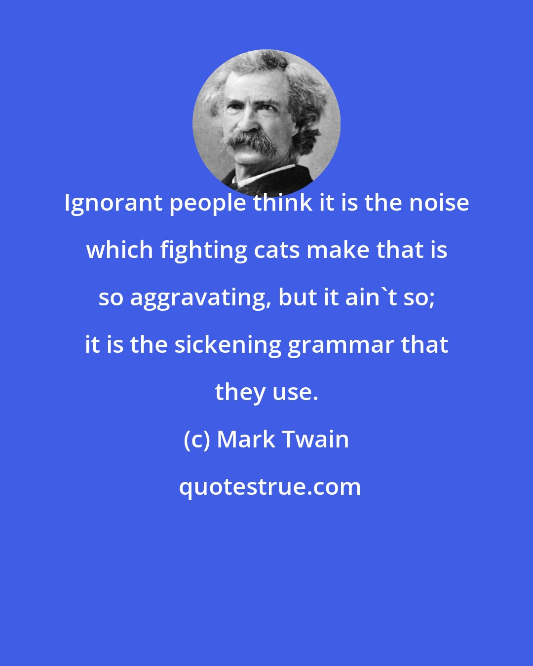 Mark Twain: Ignorant people think it is the noise which fighting cats make that is so aggravating, but it ain't so; it is the sickening grammar that they use.