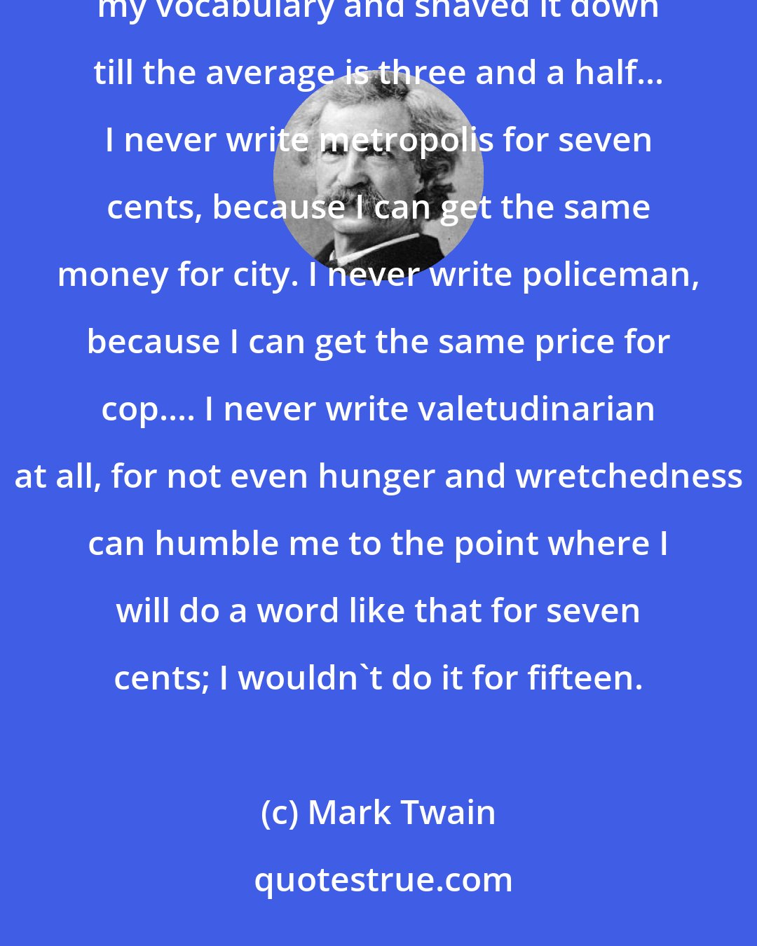 Mark Twain: An average English word is four letters and a half. By hard, honest labor I've dug all the large words out of my vocabulary and shaved it down till the average is three and a half... I never write metropolis for seven cents, because I can get the same money for city. I never write policeman, because I can get the same price for cop.... I never write valetudinarian at all, for not even hunger and wretchedness can humble me to the point where I will do a word like that for seven cents; I wouldn't do it for fifteen.