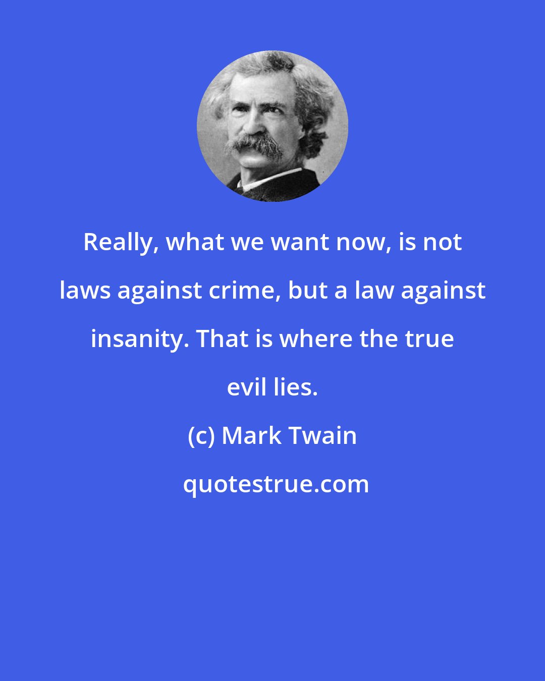 Mark Twain: Really, what we want now, is not laws against crime, but a law against insanity. That is where the true evil lies.