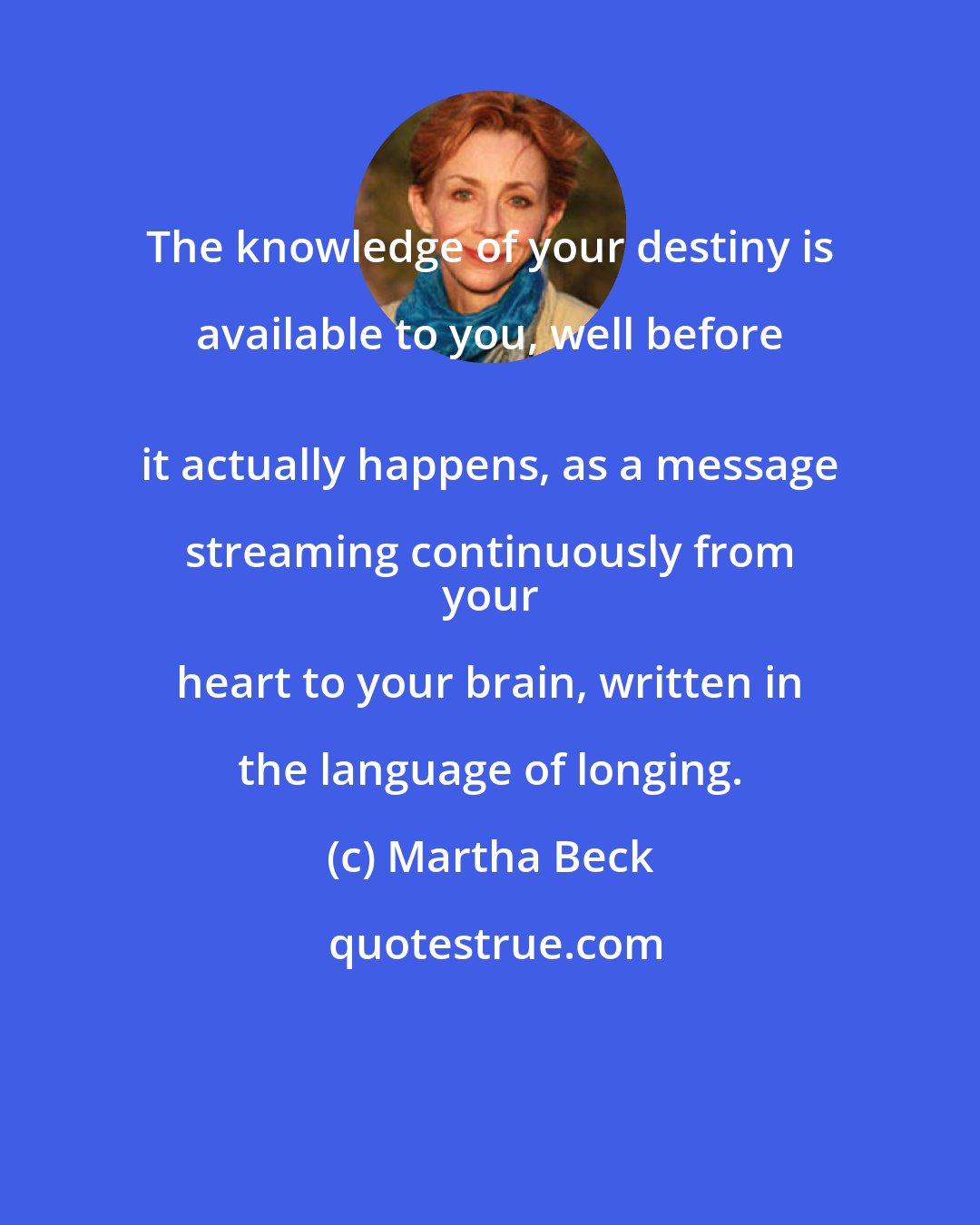Martha Beck: The knowledge of your destiny is available to you, well before 
 it actually happens, as a message streaming continuously from 
 your heart to your brain, written in the language of longing.