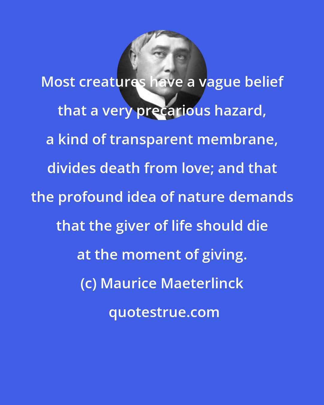 Maurice Maeterlinck: Most creatures have a vague belief that a very precarious hazard, a kind of transparent membrane, divides death from love; and that the profound idea of nature demands that the giver of life should die at the moment of giving.