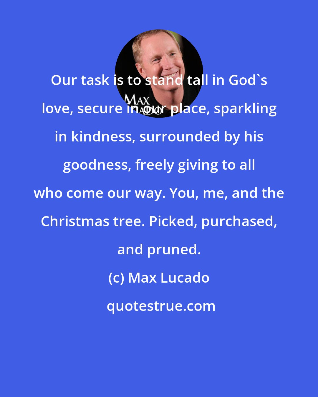 Max Lucado: Our task is to stand tall in God's love, secure in our place, sparkling in kindness, surrounded by his goodness, freely giving to all who come our way. You, me, and the Christmas tree. Picked, purchased, and pruned.