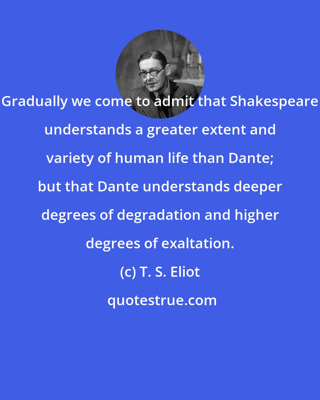 T. S. Eliot: Gradually we come to admit that Shakespeare understands a greater extent and variety of human life than Dante; but that Dante understands deeper degrees of degradation and higher degrees of exaltation.