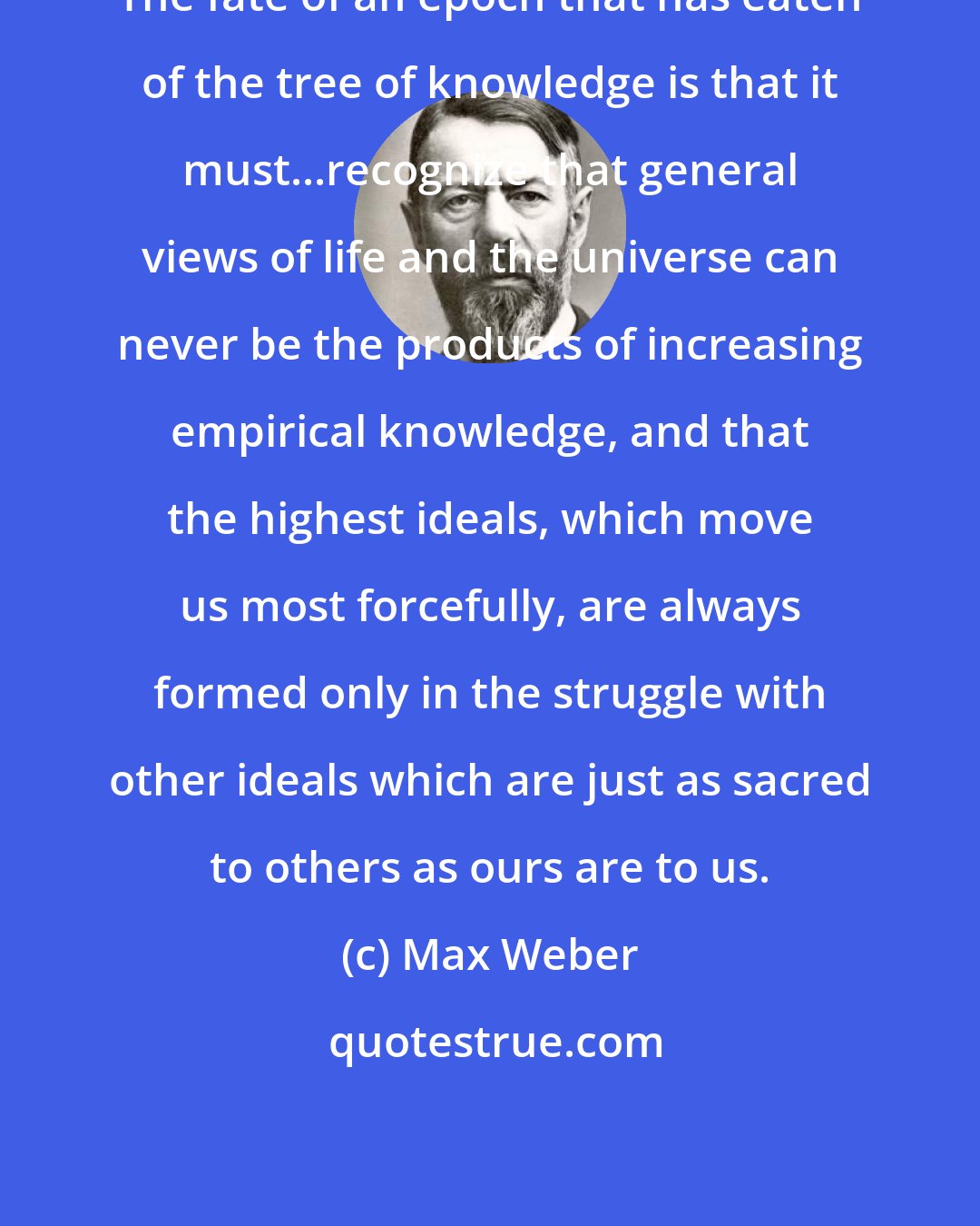 Max Weber: The fate of an epoch that has eaten of the tree of knowledge is that it must...recognize that general views of life and the universe can never be the products of increasing empirical knowledge, and that the highest ideals, which move us most forcefully, are always formed only in the struggle with other ideals which are just as sacred to others as ours are to us.