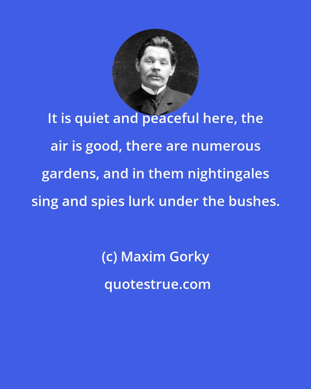 Maxim Gorky: It is quiet and peaceful here, the air is good, there are numerous gardens, and in them nightingales sing and spies lurk under the bushes.