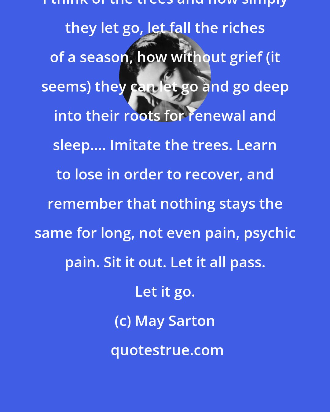 May Sarton: I think of the trees and how simply they let go, let fall the riches of a season, how without grief (it seems) they can let go and go deep into their roots for renewal and sleep.... Imitate the trees. Learn to lose in order to recover, and remember that nothing stays the same for long, not even pain, psychic pain. Sit it out. Let it all pass. Let it go.