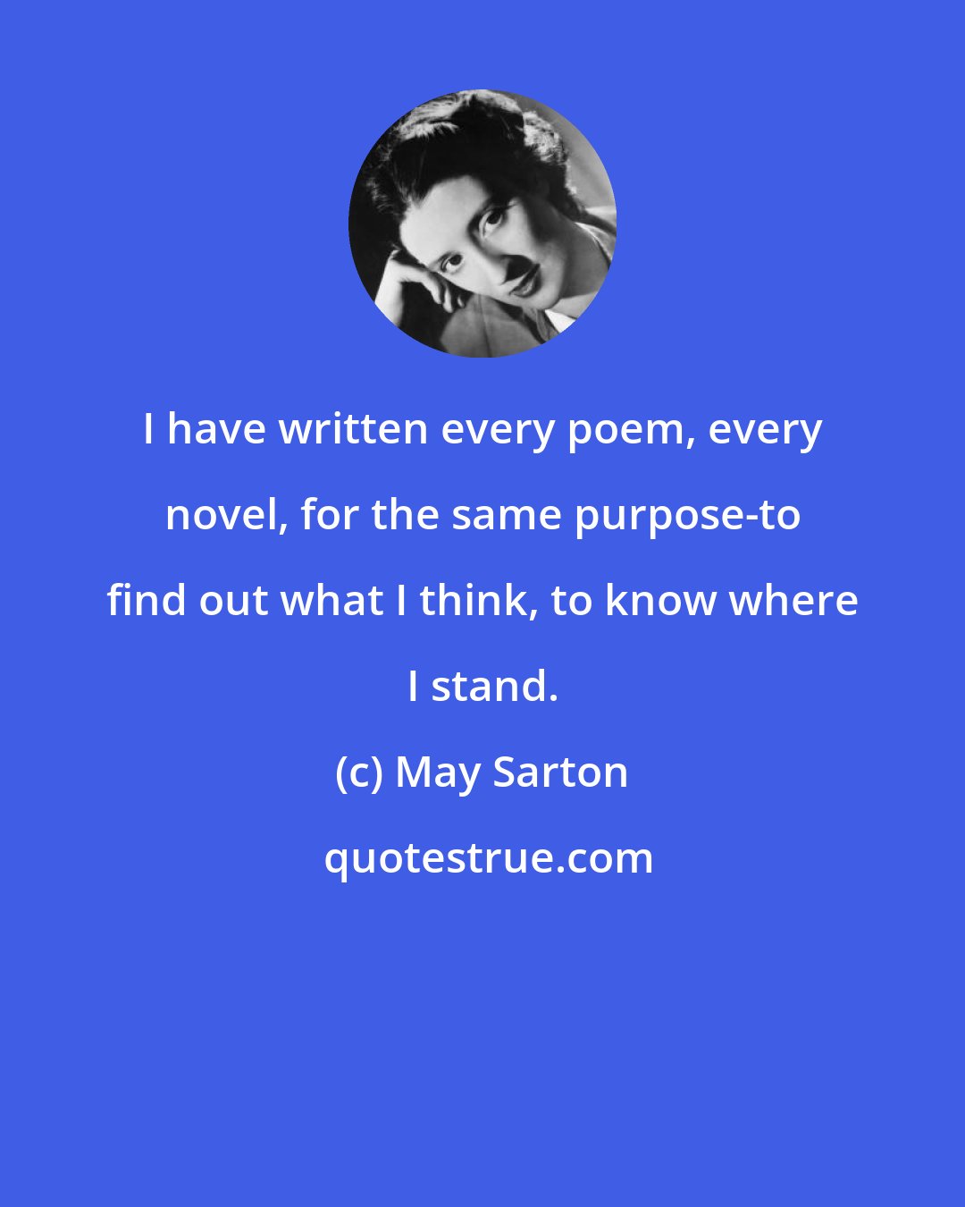 May Sarton: I have written every poem, every novel, for the same purpose-to find out what I think, to know where I stand.