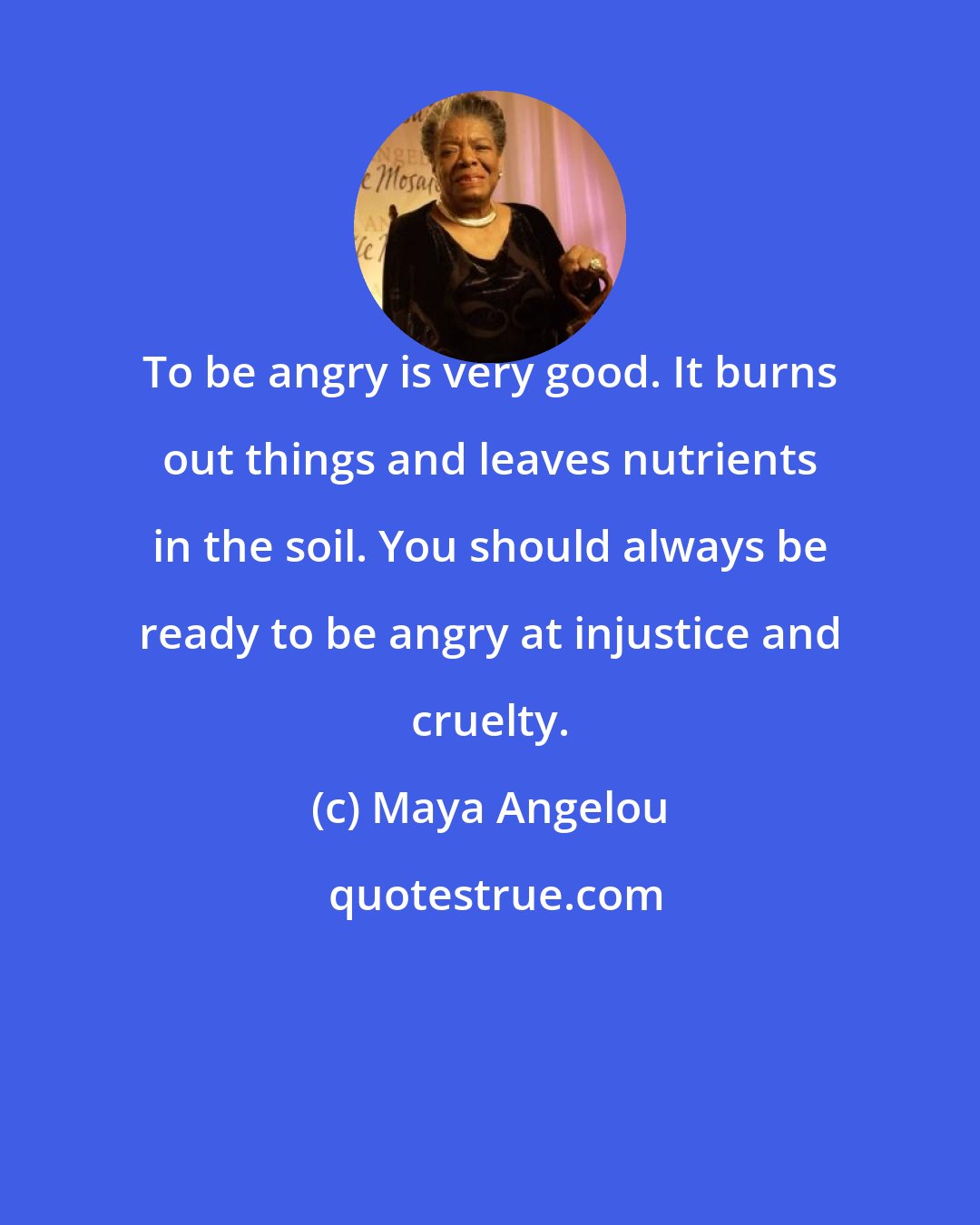 Maya Angelou: To be angry is very good. It burns out things and leaves nutrients in the soil. You should always be ready to be angry at injustice and cruelty.