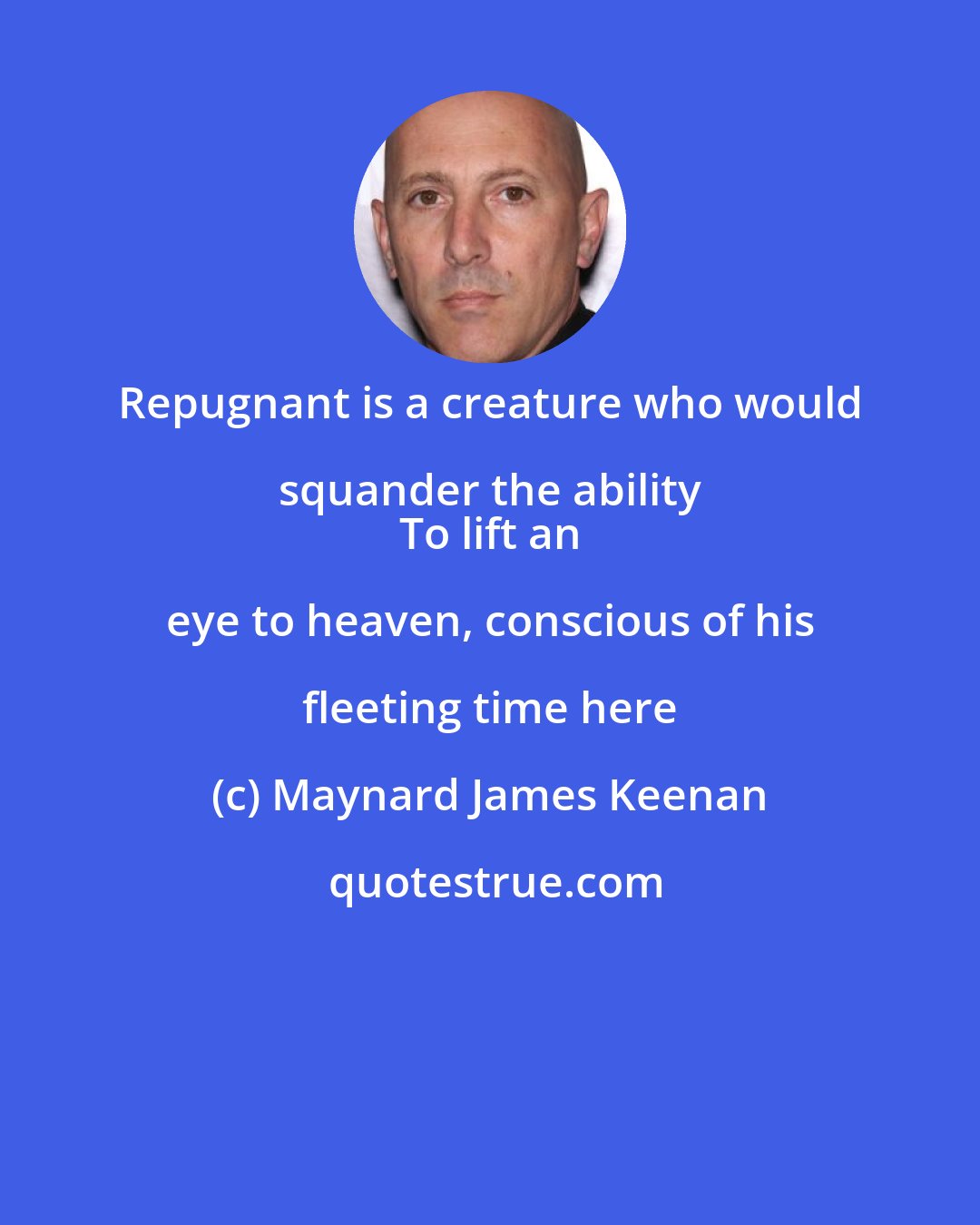 Maynard James Keenan: Repugnant is a creature who would squander the ability 
 To lift an eye to heaven, conscious of his fleeting time here