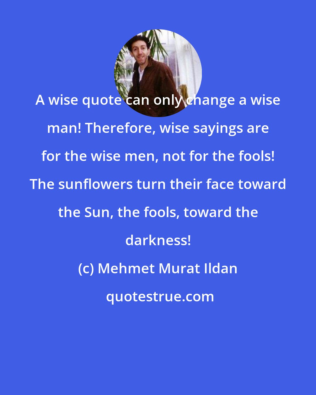 Mehmet Murat Ildan: A wise quote can only change a wise man! Therefore, wise sayings are for the wise men, not for the fools! The sunflowers turn their face toward the Sun, the fools, toward the darkness!
