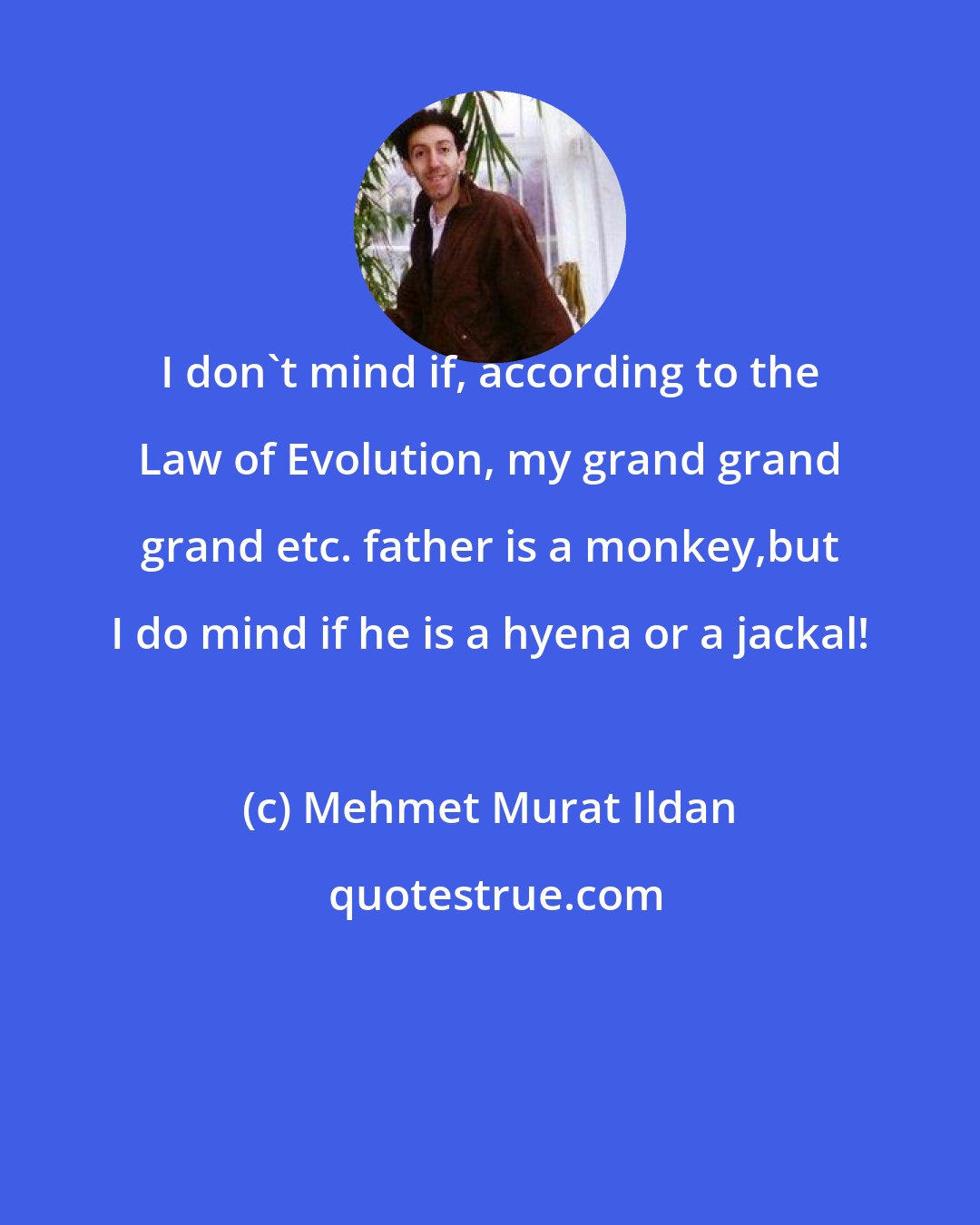 Mehmet Murat Ildan: I don't mind if, according to the Law of Evolution, my grand grand grand etc. father is a monkey,but I do mind if he is a hyena or a jackal!