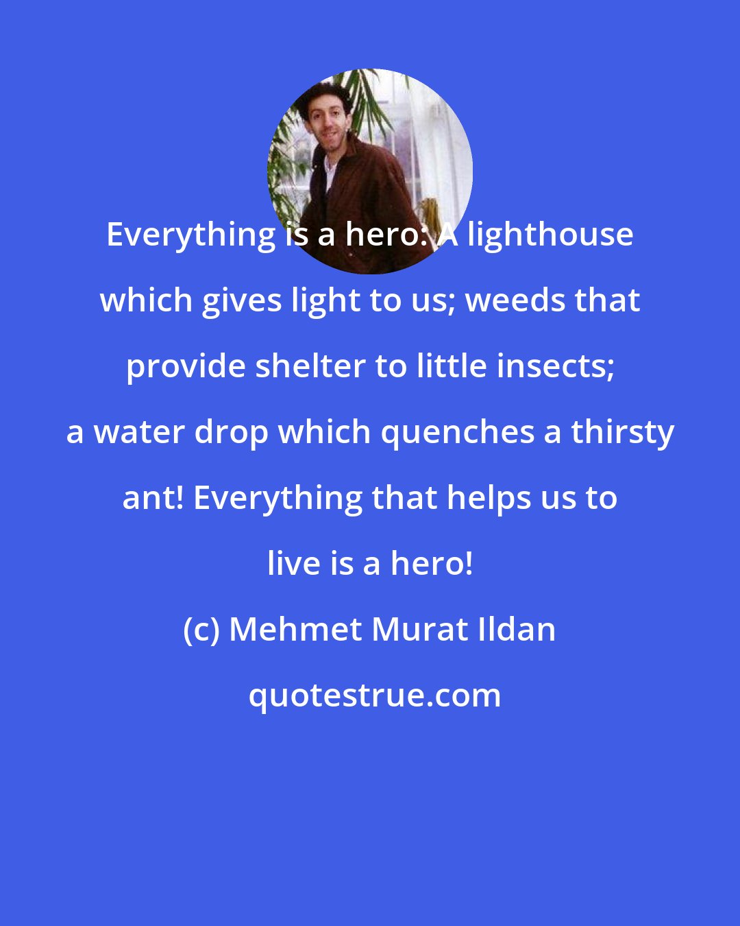 Mehmet Murat Ildan: Everything is a hero: A lighthouse which gives light to us; weeds that provide shelter to little insects; a water drop which quenches a thirsty ant! Everything that helps us to live is a hero!