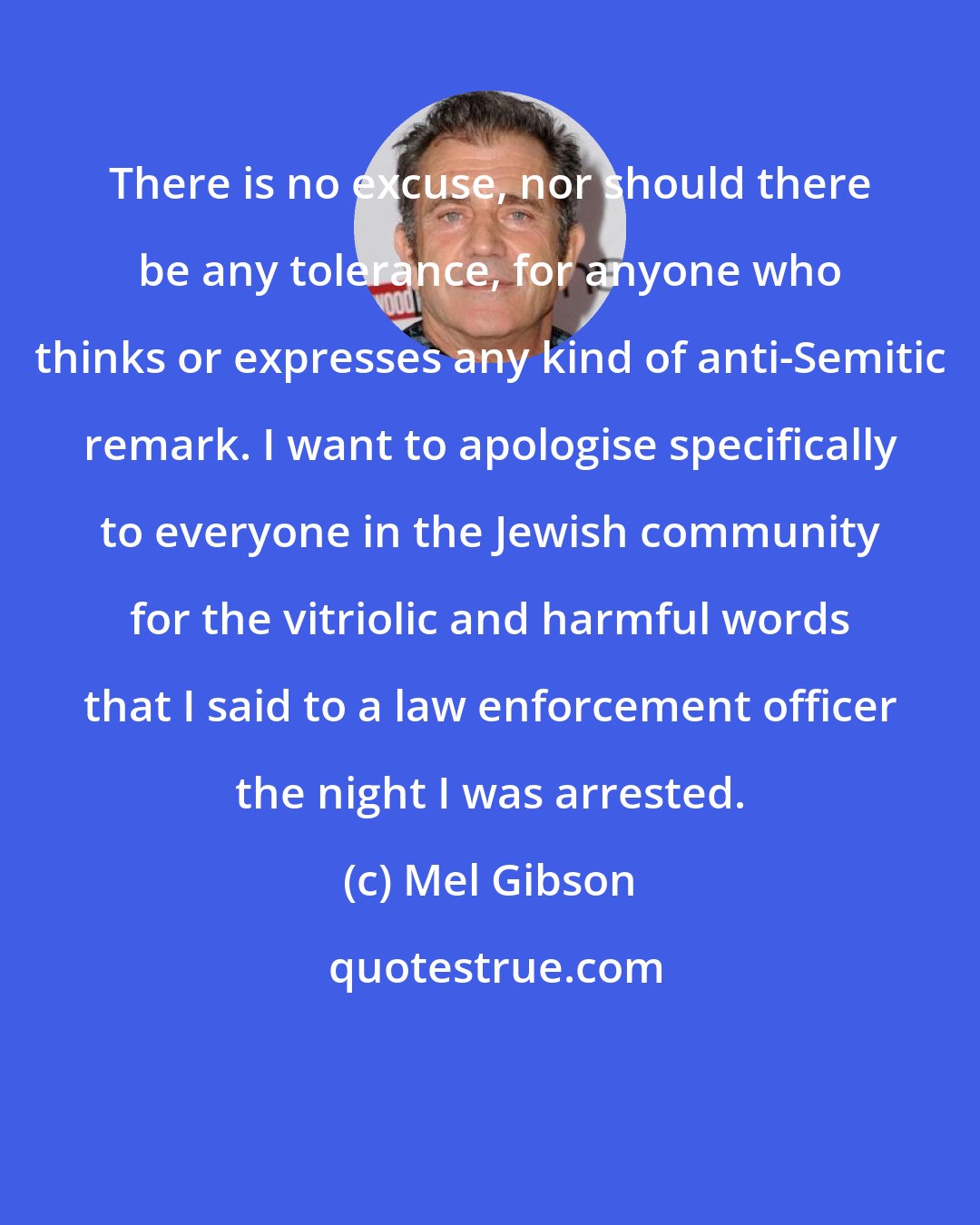 Mel Gibson: There is no excuse, nor should there be any tolerance, for anyone who thinks or expresses any kind of anti-Semitic remark. I want to apologise specifically to everyone in the Jewish community for the vitriolic and harmful words that I said to a law enforcement officer the night I was arrested.