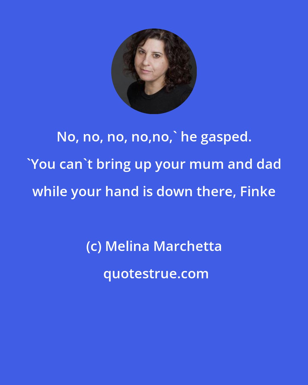 Melina Marchetta: No, no, no, no,no,' he gasped. 'You can't bring up your mum and dad while your hand is down there, Finke