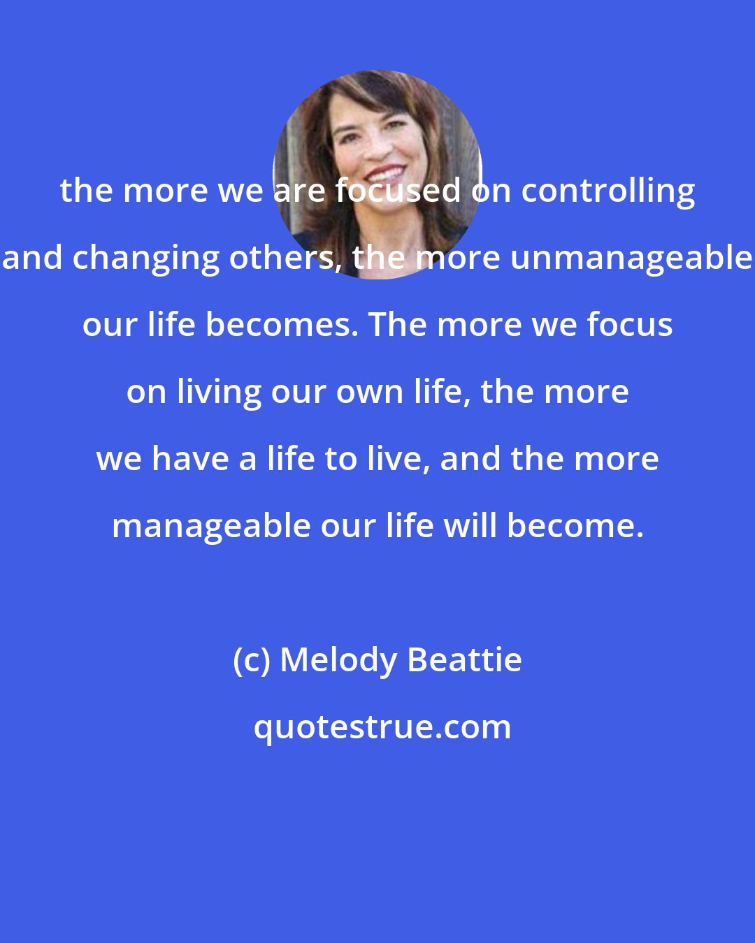 Melody Beattie: the more we are focused on controlling and changing others, the more unmanageable our life becomes. The more we focus on living our own life, the more we have a life to live, and the more manageable our life will become.