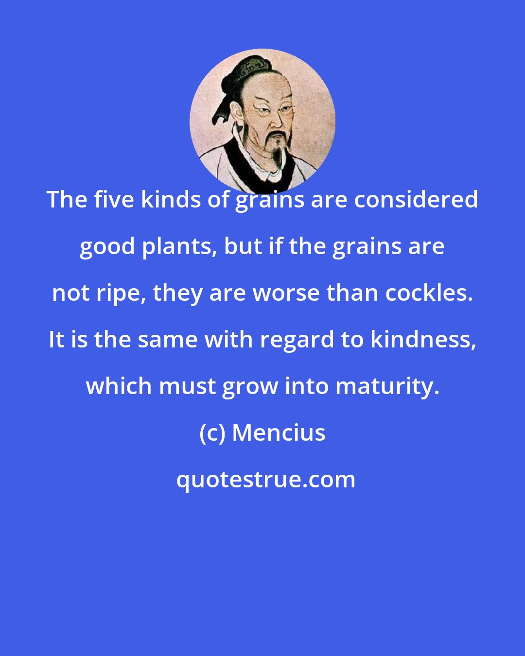 Mencius: The five kinds of grains are considered good plants, but if the grains are not ripe, they are worse than cockles. It is the same with regard to kindness, which must grow into maturity.