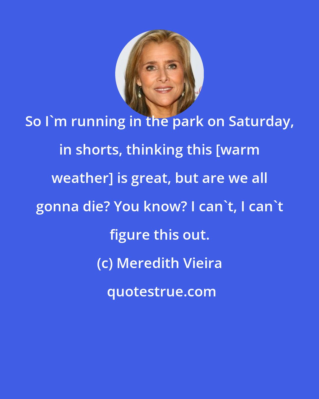 Meredith Vieira: So I'm running in the park on Saturday, in shorts, thinking this [warm weather] is great, but are we all gonna die? You know? I can't, I can't figure this out.