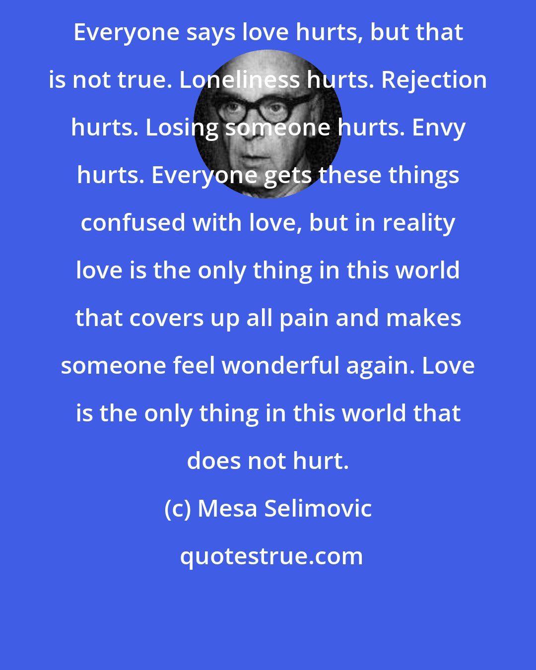 Mesa Selimovic: Everyone says love hurts, but that is not true. Loneliness hurts. Rejection hurts. Losing someone hurts. Envy hurts. Everyone gets these things confused with love, but in reality love is the only thing in this world that covers up all pain and makes someone feel wonderful again. Love is the only thing in this world that does not hurt.