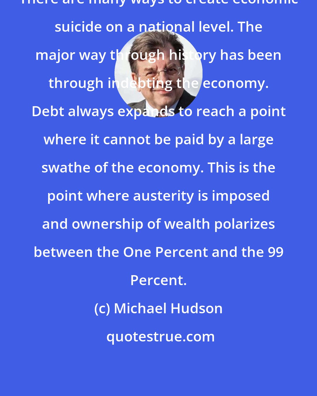 Michael Hudson: There are many ways to create economic suicide on a national level. The major way through history has been through indebting the economy. Debt always expands to reach a point where it cannot be paid by a large swathe of the economy. This is the point where austerity is imposed and ownership of wealth polarizes between the One Percent and the 99 Percent.