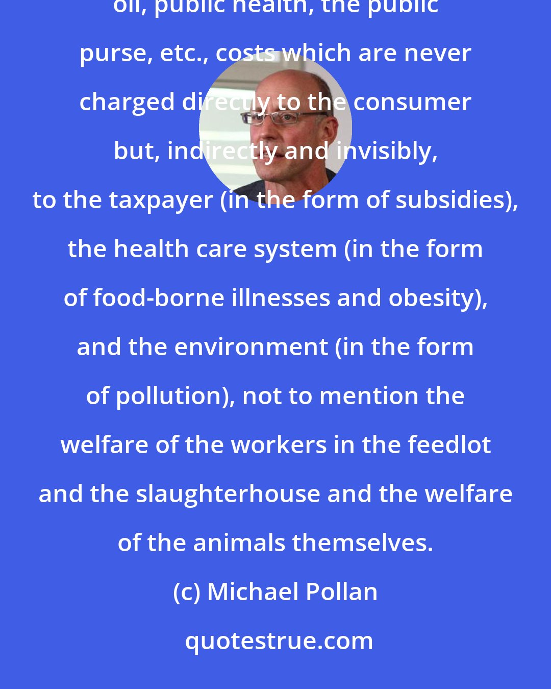 Michael Pollan: The ninety-nine cent price of a fast-food hamburger simply doesn't take account of that meal's true cost--to soil, oil, public health, the public purse, etc., costs which are never charged directly to the consumer but, indirectly and invisibly, to the taxpayer (in the form of subsidies), the health care system (in the form of food-borne illnesses and obesity), and the environment (in the form of pollution), not to mention the welfare of the workers in the feedlot and the slaughterhouse and the welfare of the animals themselves.