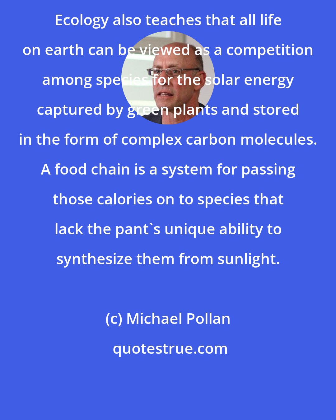 Michael Pollan: Ecology also teaches that all life on earth can be viewed as a competition among species for the solar energy captured by green plants and stored in the form of complex carbon molecules. A food chain is a system for passing those calories on to species that lack the pant's unique ability to synthesize them from sunlight.