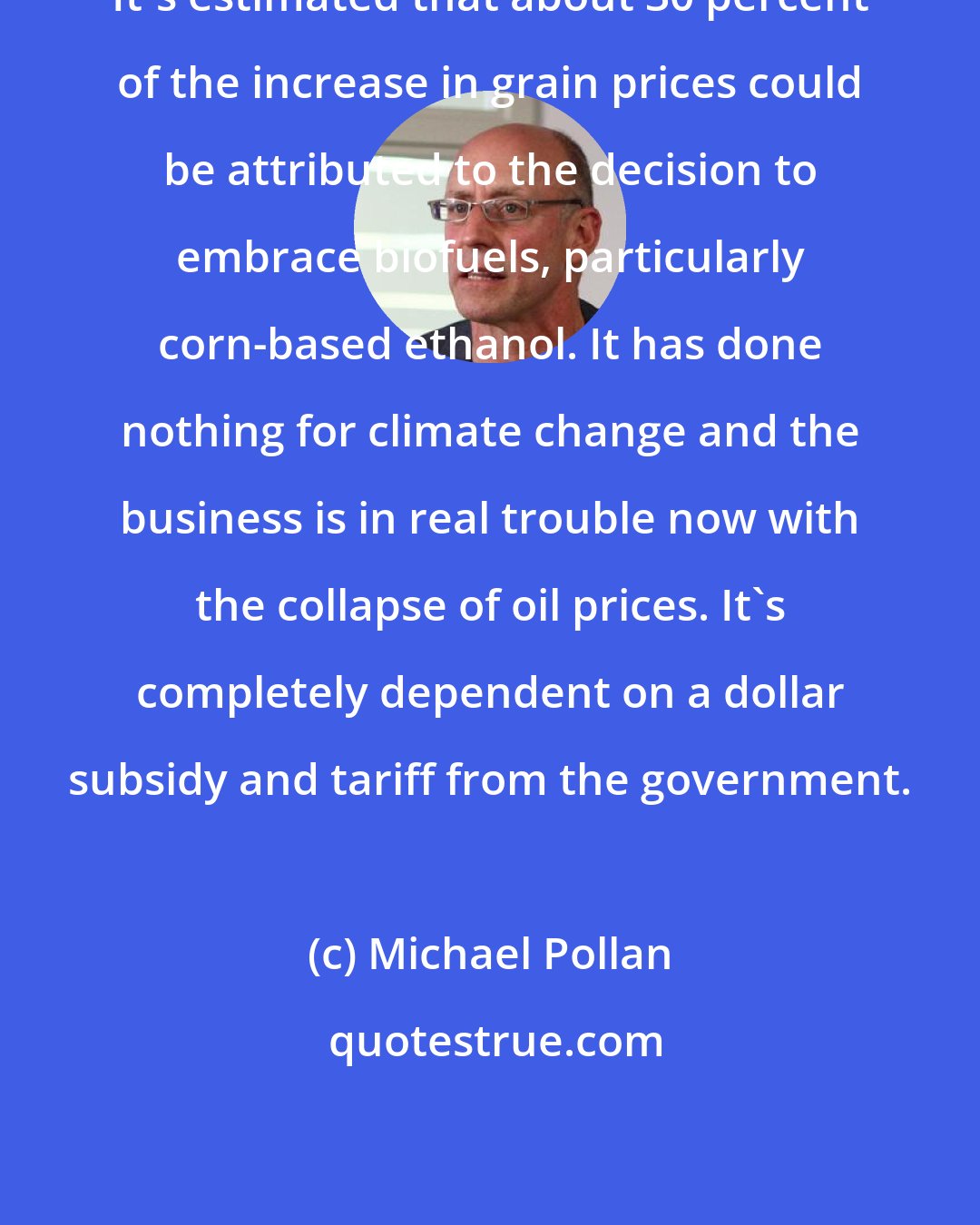 Michael Pollan: It's estimated that about 30 percent of the increase in grain prices could be attributed to the decision to embrace biofuels, particularly corn-based ethanol. It has done nothing for climate change and the business is in real trouble now with the collapse of oil prices. It's completely dependent on a dollar subsidy and tariff from the government.