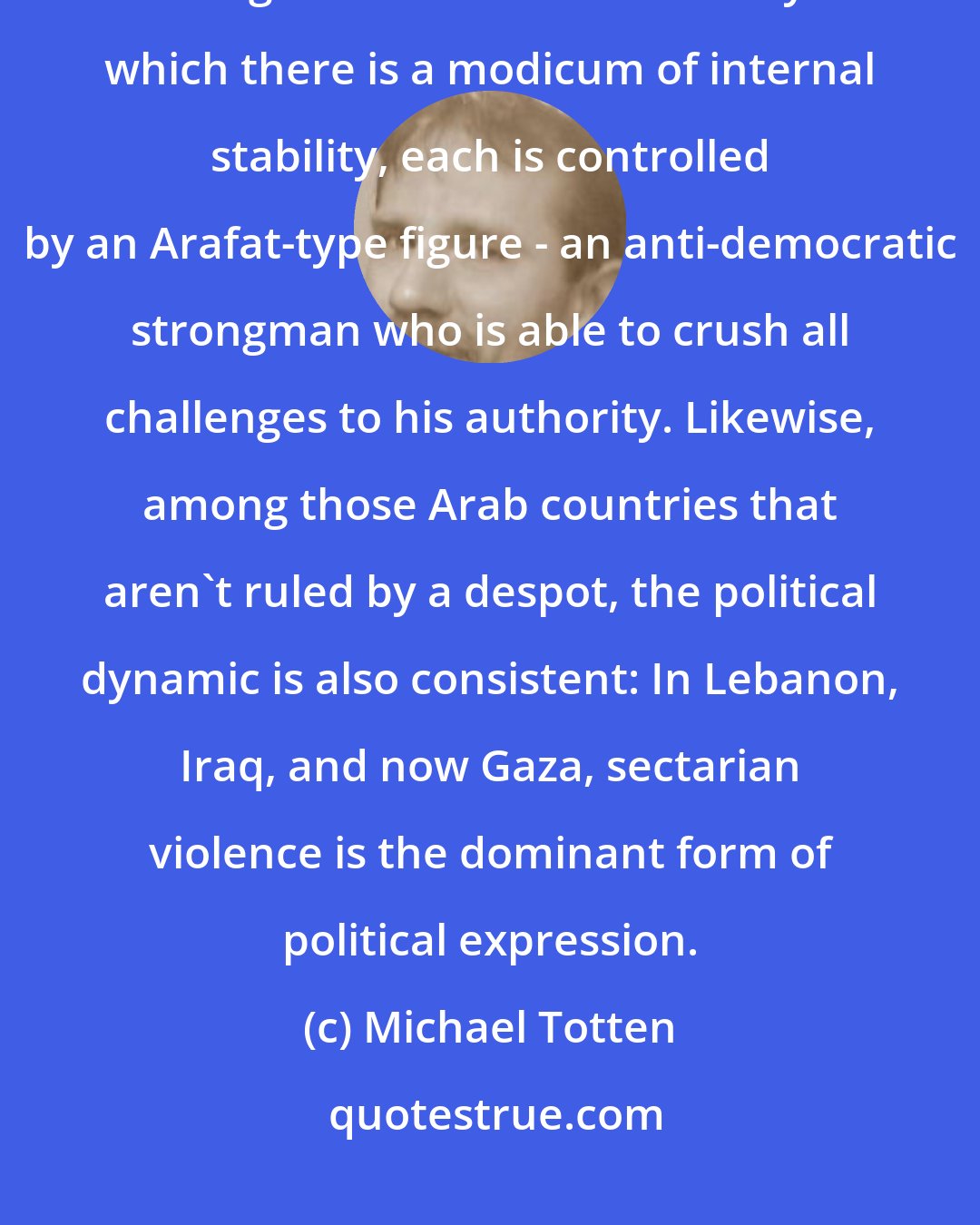 Michael Totten: There is something very consistent about governance in the Arab world. Among the Arab countries today in which there is a modicum of internal stability, each is controlled by an Arafat-type figure - an anti-democratic strongman who is able to crush all challenges to his authority. Likewise, among those Arab countries that aren't ruled by a despot, the political dynamic is also consistent: In Lebanon, Iraq, and now Gaza, sectarian violence is the dominant form of political expression.