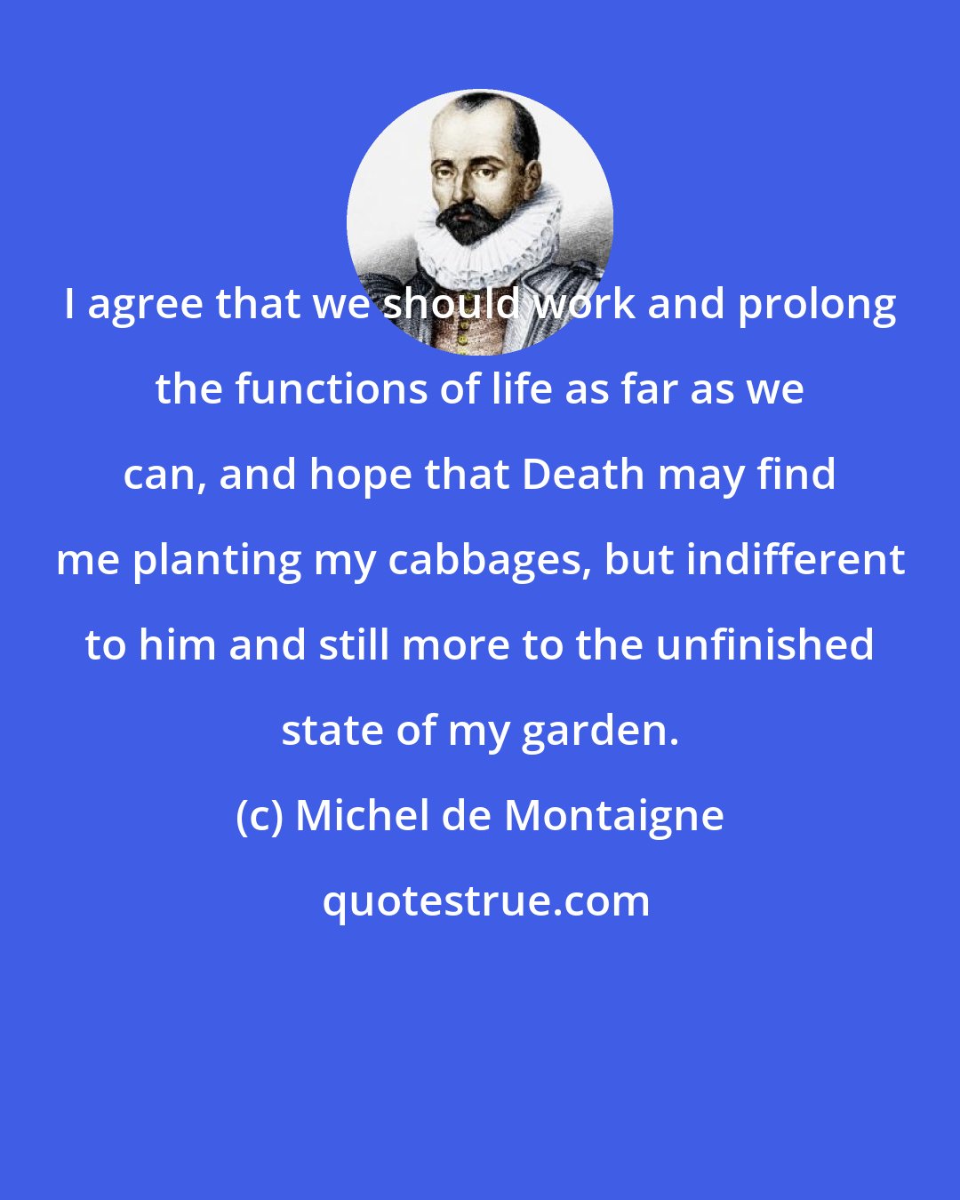 Michel de Montaigne: I agree that we should work and prolong the functions of life as far as we can, and hope that Death may find me planting my cabbages, but indifferent to him and still more to the unfinished state of my garden.