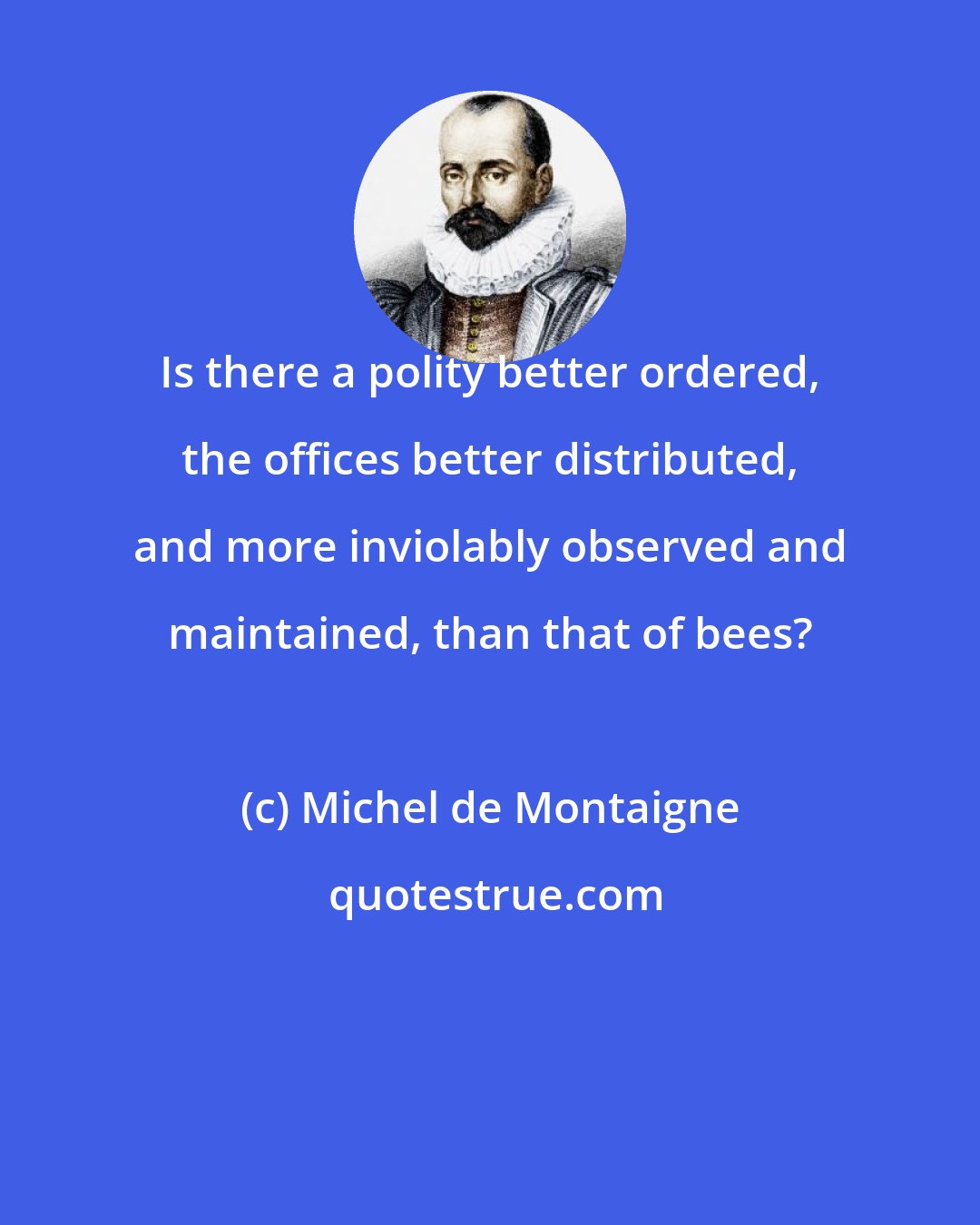 Michel de Montaigne: Is there a polity better ordered, the offices better distributed, and more inviolably observed and maintained, than that of bees?