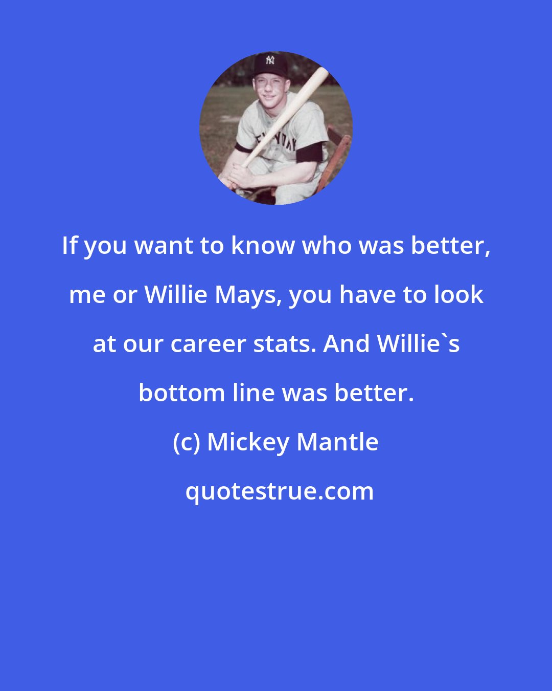 Mickey Mantle: If you want to know who was better, me or Willie Mays, you have to look at our career stats. And Willie's bottom line was better.